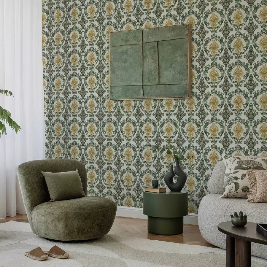 τοιχογραφίες Δαμασκηνό με πράσινα σπειροειδή σχέδια σε ανοιχτόχρωμο φόντο a00828v1