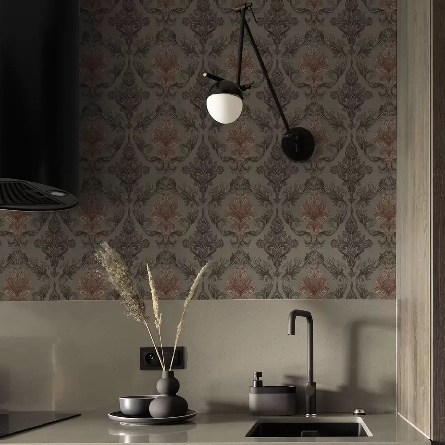 τοιχογραφίες Δαμασκηνό τερακότα σε απαλό ελαιόχρωμο φόντο a00828v3