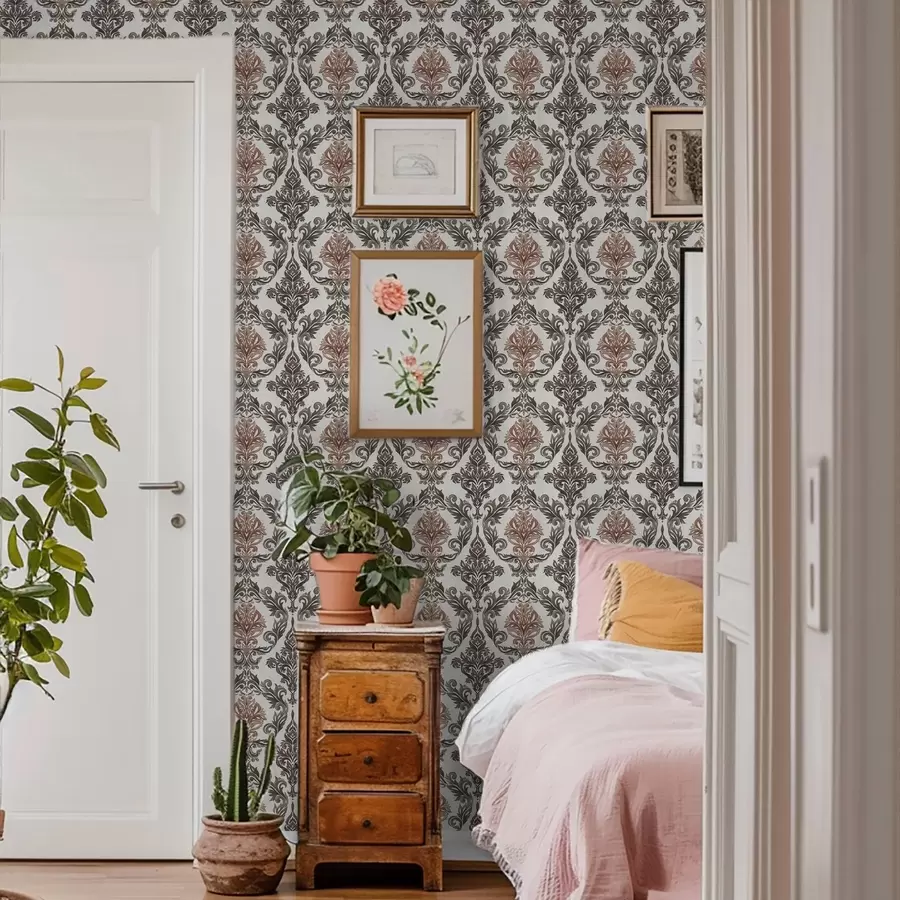 τοιχογραφίες Δαμασκηνό με χάλκινα-καφέ αποχρώσεις σε ανοιχτό φόντο a00828v4