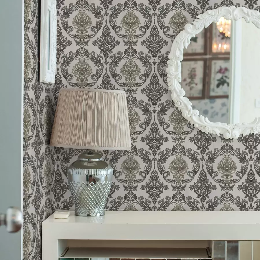 τοιχογραφίες Δαμασκηνό σε ανοιχτόχρωμο φόντο, με λεπτομέρειες σε χρώμα ελιάς-μπρούντζ a00828v6