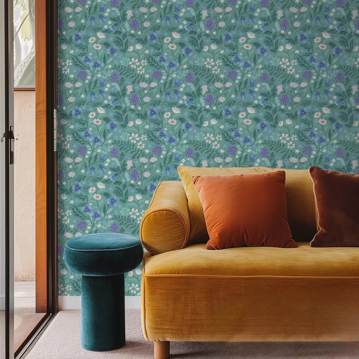 τοιχογραφίες Άγρια λουλούδια και μούρα σε απαλό φόντο μέντας a00849