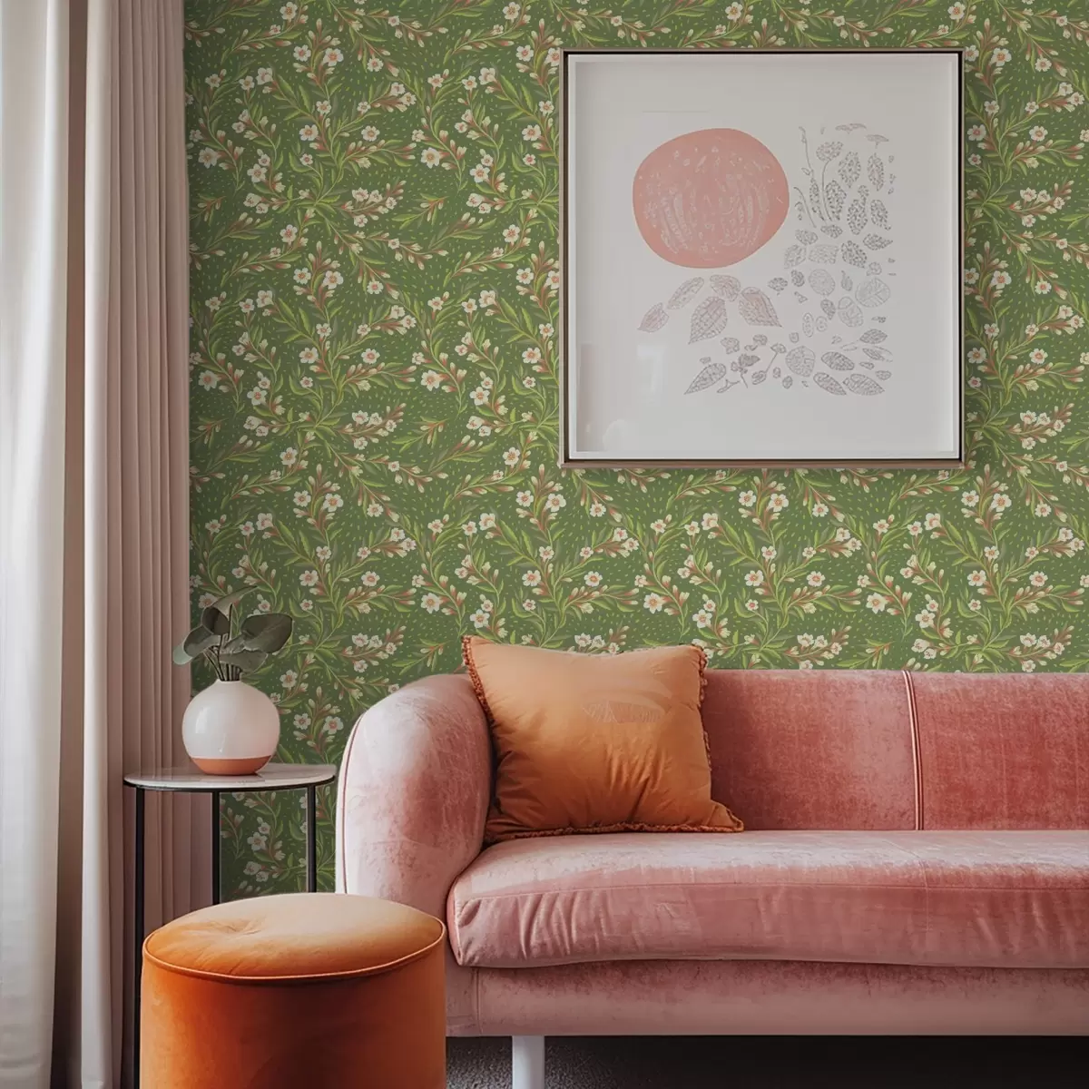 τοιχογραφίες Κλαδιά με κρεμ λουλούδια σε φόντο ελιάς a00850