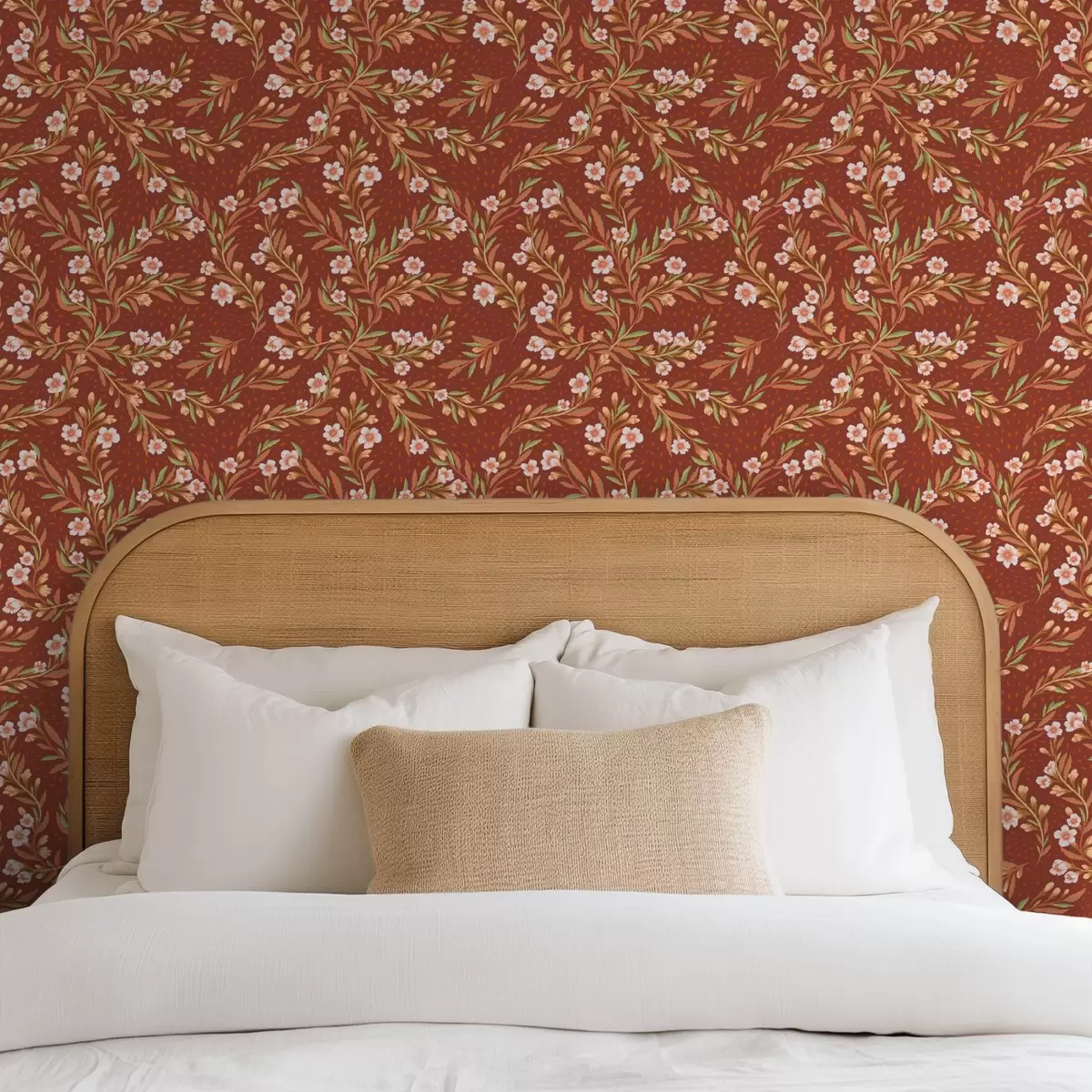 Ταπετσαρία Κλαδιά με λευκά λουλούδια σε φόντο από τερακότα a00850v1