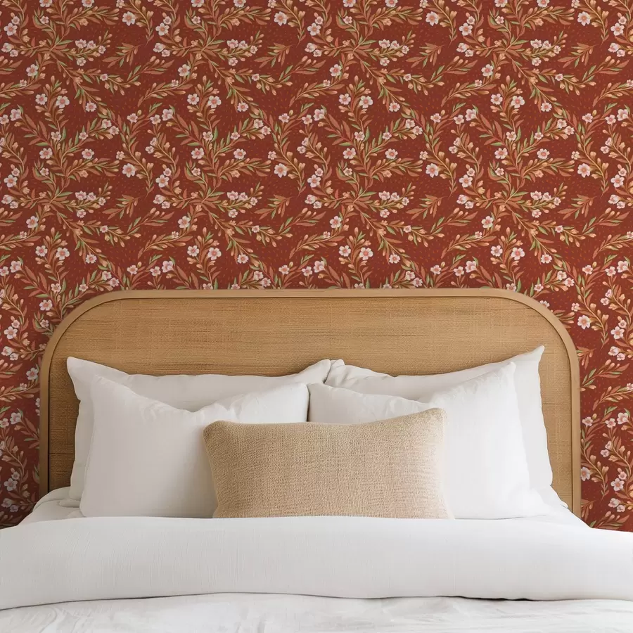 τοιχογραφίες Κλαδιά με λευκά λουλούδια σε φόντο από τερακότα a00850v1