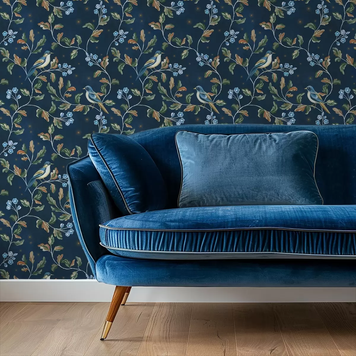 τοιχογραφίες Τσίλιες σε κλαδιά, μπλε νυχτερινό φόντο με σπινθήρες a00858