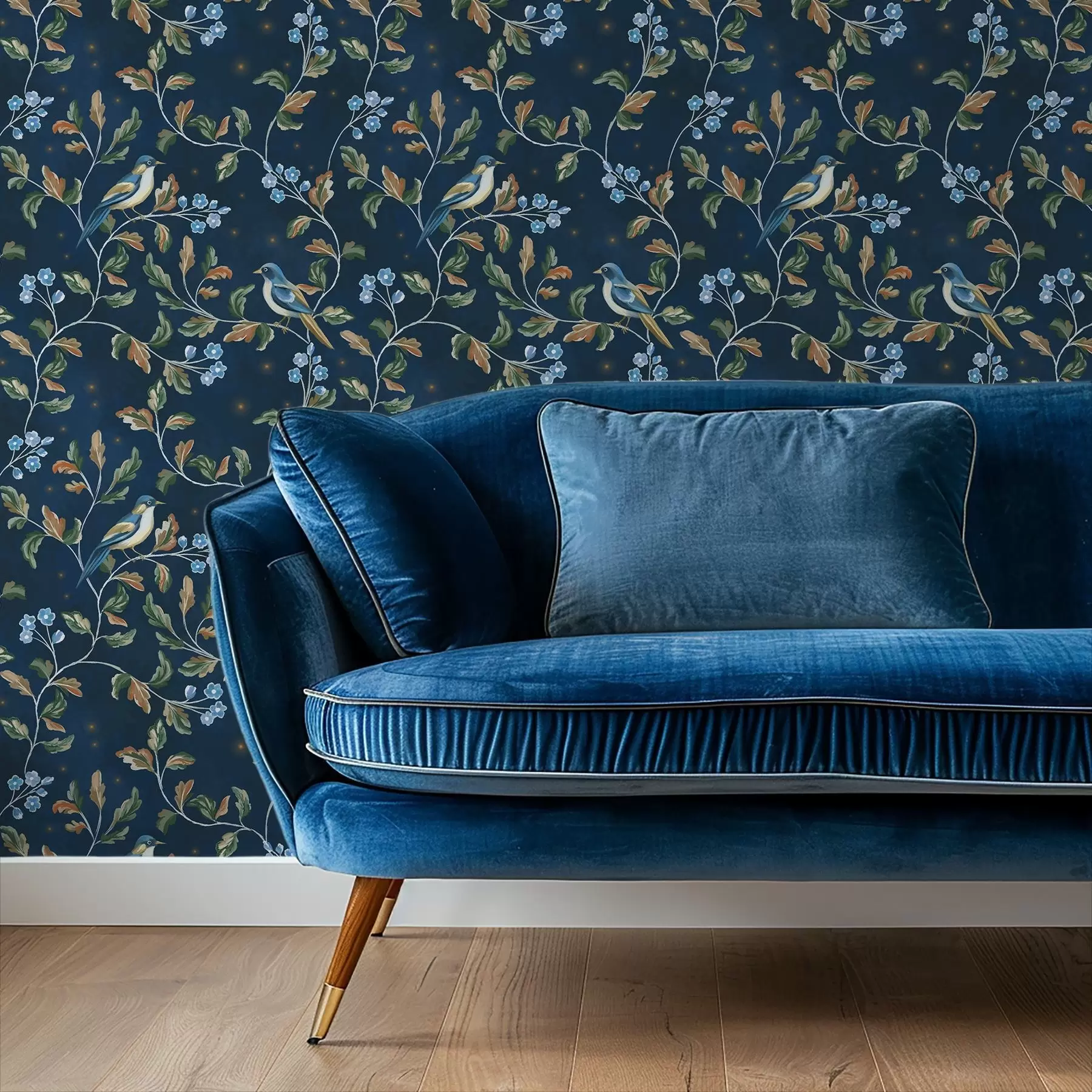 τοιχογραφίες Τσίλιες σε κλαδιά, μπλε νυχτερινό φόντο με σπινθήρες a00858