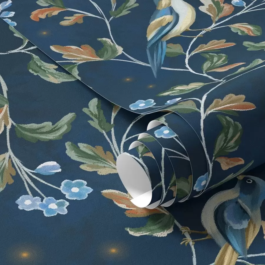 τοιχογραφίες Τσίλιες σε κλαδιά, μπλε νυχτερινό φόντο με σπινθήρες a00858