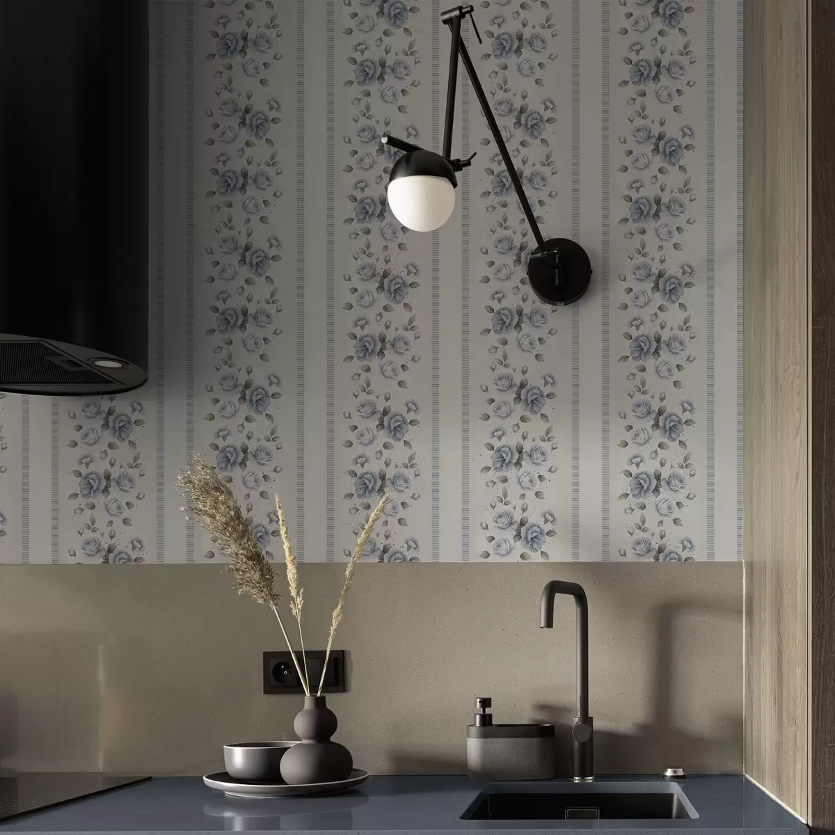 τοιχογραφίες Μπλε τριαντάφυλλα σε κάθετες λωρίδες σε ανοιχτόχρωμο φόντο a00860