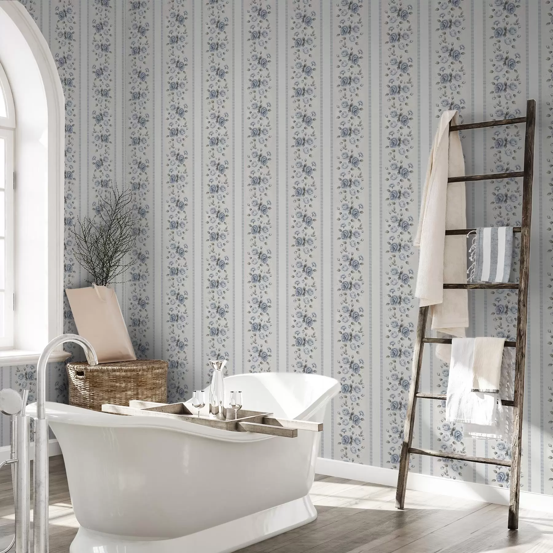 τοιχογραφίες Μπλε τριαντάφυλλα σε κάθετες λωρίδες σε ανοιχτόχρωμο φόντο a00860