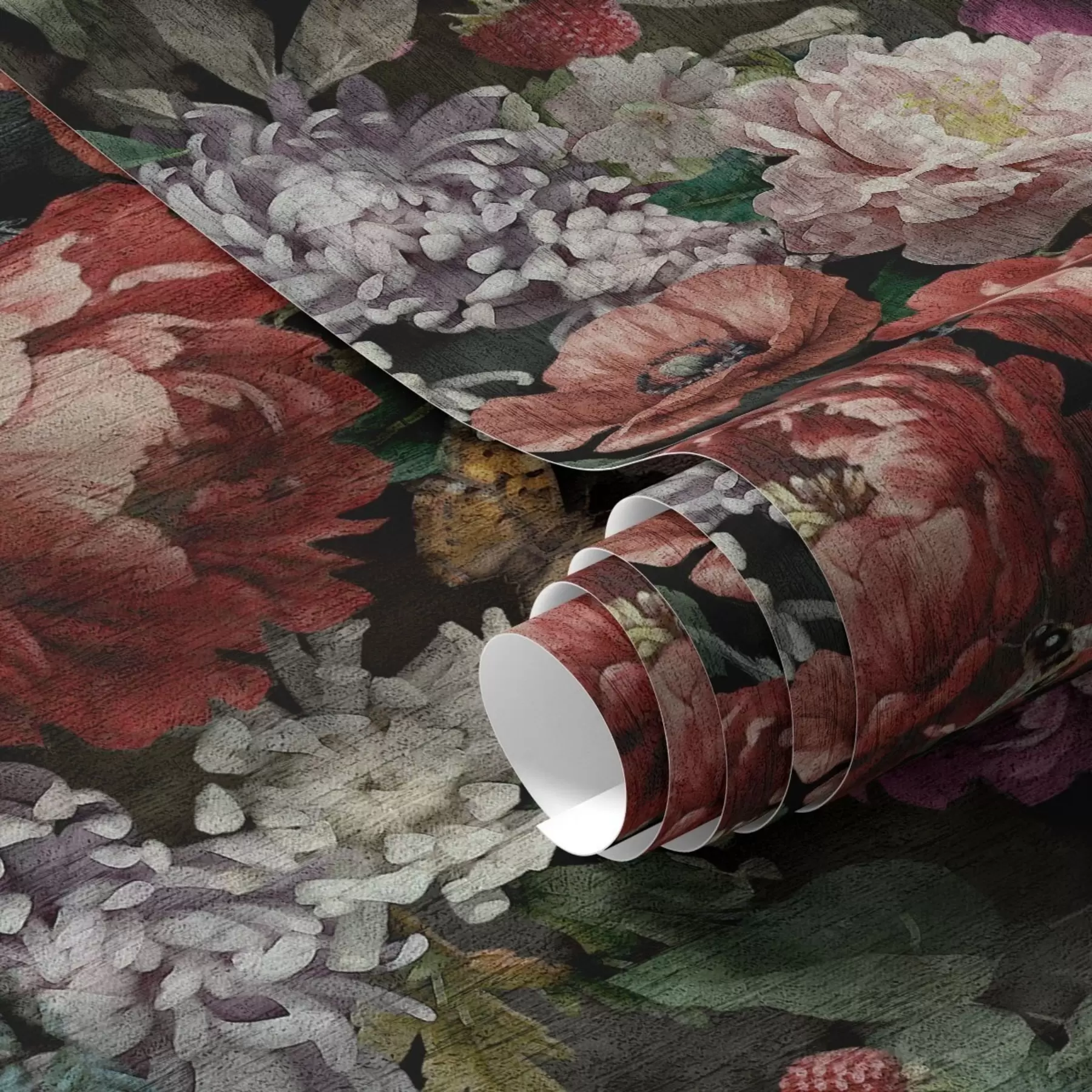 τοιχογραφίες Σκούρες δραματικές παιώνιες, μούρα και πεταλούδα σε μαύρο φόντο a00862