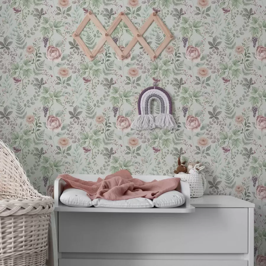 τοιχογραφίες Παστέλ κήπος με τριαντάφυλλα, φτέρες και σταφύλια a00867