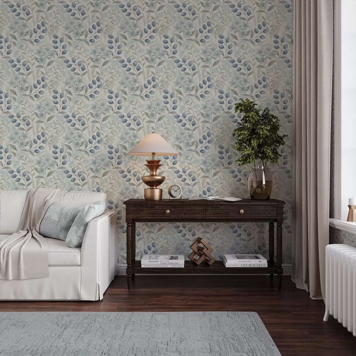 τοιχογραφίες Μπλε μούρα και ανοιχτόχρωμα λουλούδια σε ιβουάρ φόντο a00872