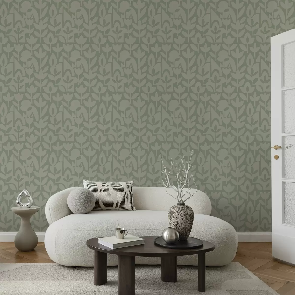 τοιχογραφίες Γεωμετρικά φυτικά σχέδια σε απαλό χρώμα φασκόμηλου a00875v1