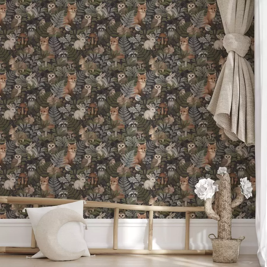 τοιχογραφίες Δασικά ζώα και φτέρες σε βαθύ κάρβουνο a00880