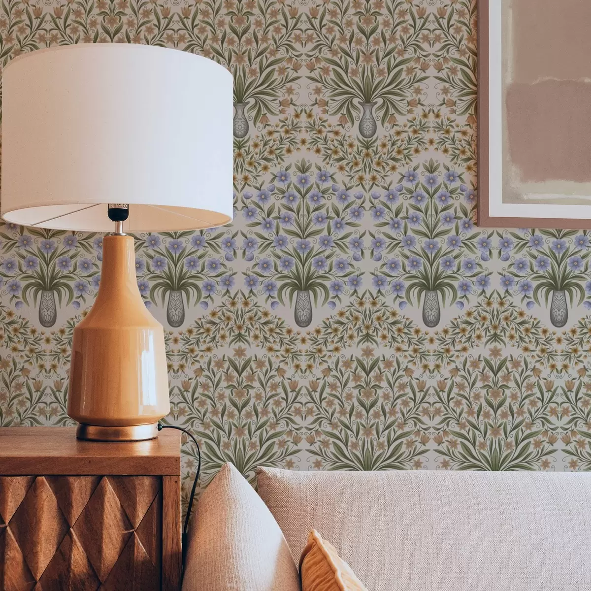 τοιχογραφίες Λαϊκά βάζα με μπλε άνθη και φύλλα ελιάς σε ροζ χρώμα a00900