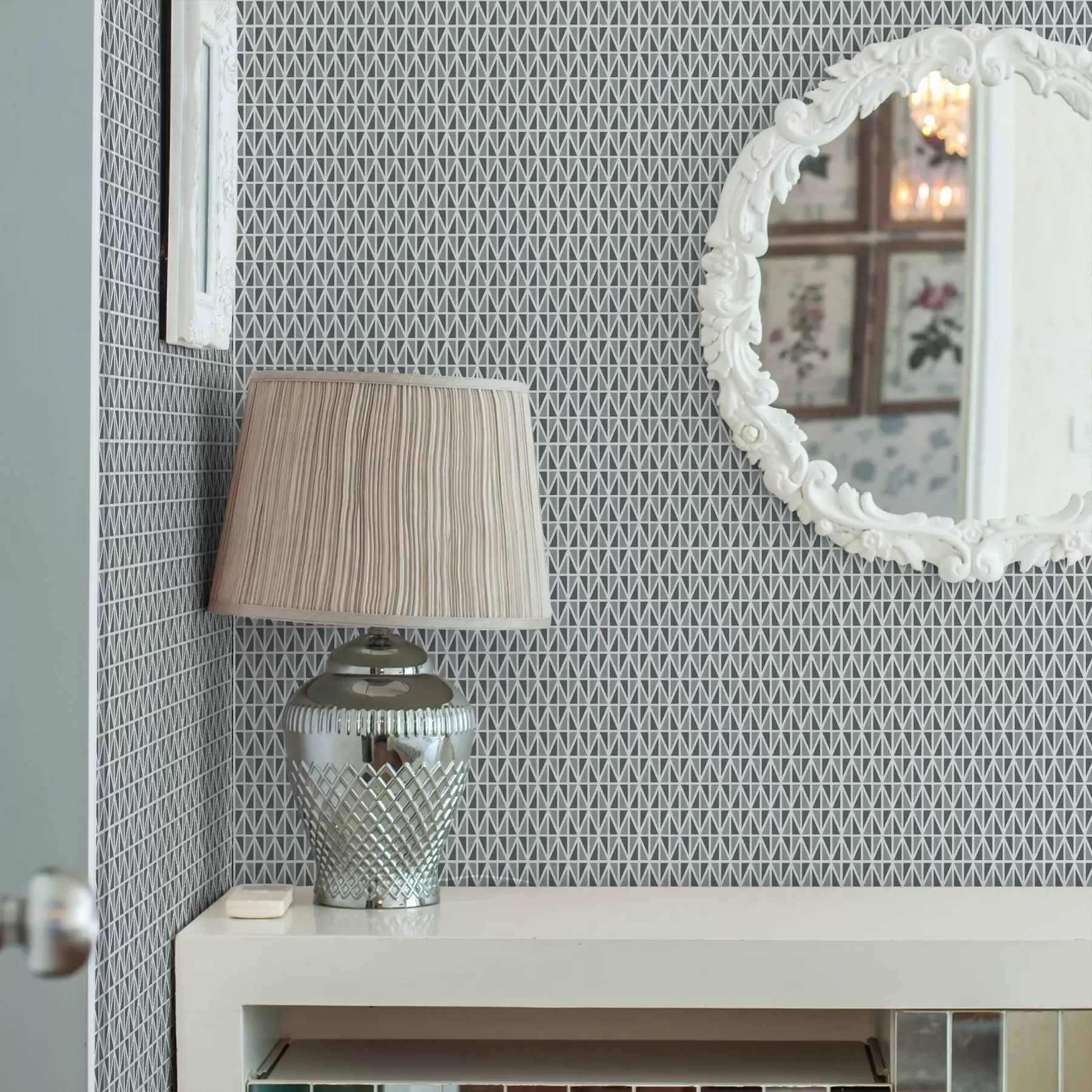 τοιχογραφίες Λεπτό λευκό διαμάντι πλέγμα πάνω από απαλό γαλαζοπράσινο a00903