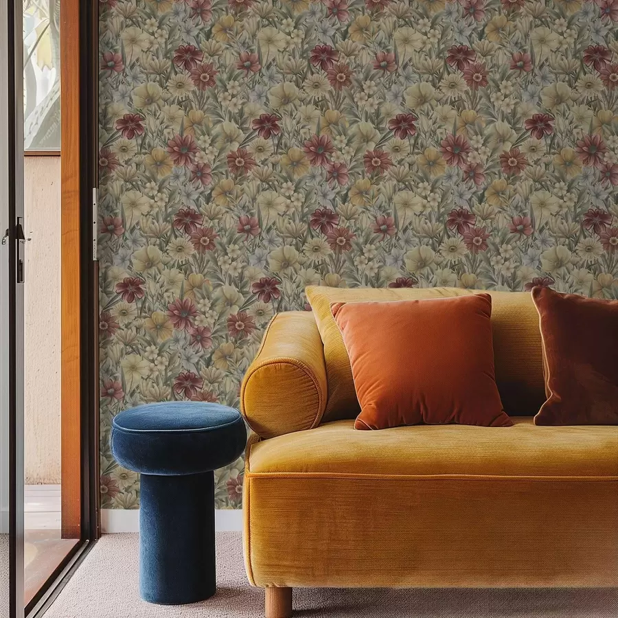 τοιχογραφίες Vintage λουλούδια λιβαδιού σε ζεστά κίτρινα, κόκκινα και φασκόμηλα χρώματα a00906