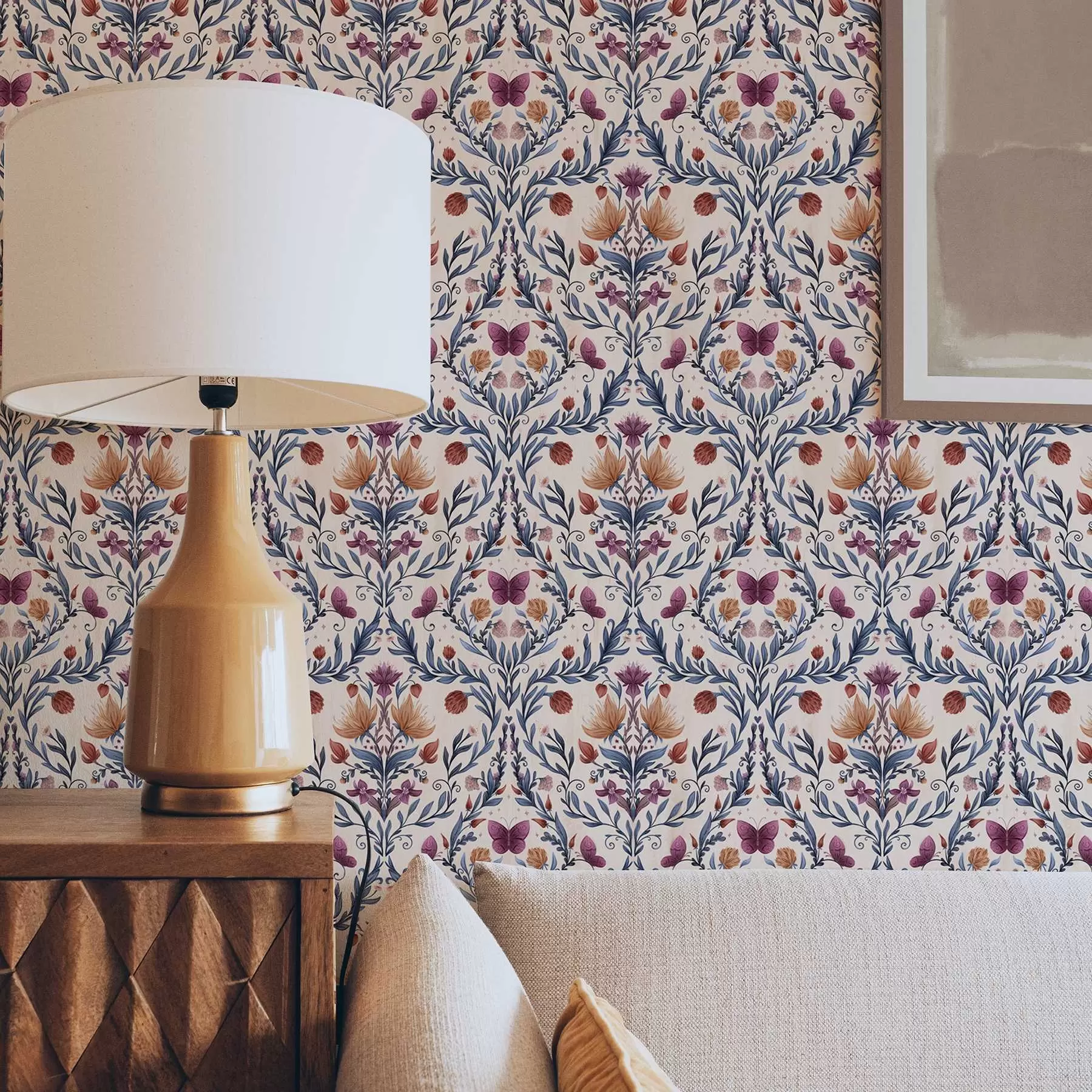 τοιχογραφίες Λουλουδάτο δαμασκηνό με πεταλούδες σε απαλό φλοιό φόντο a00926