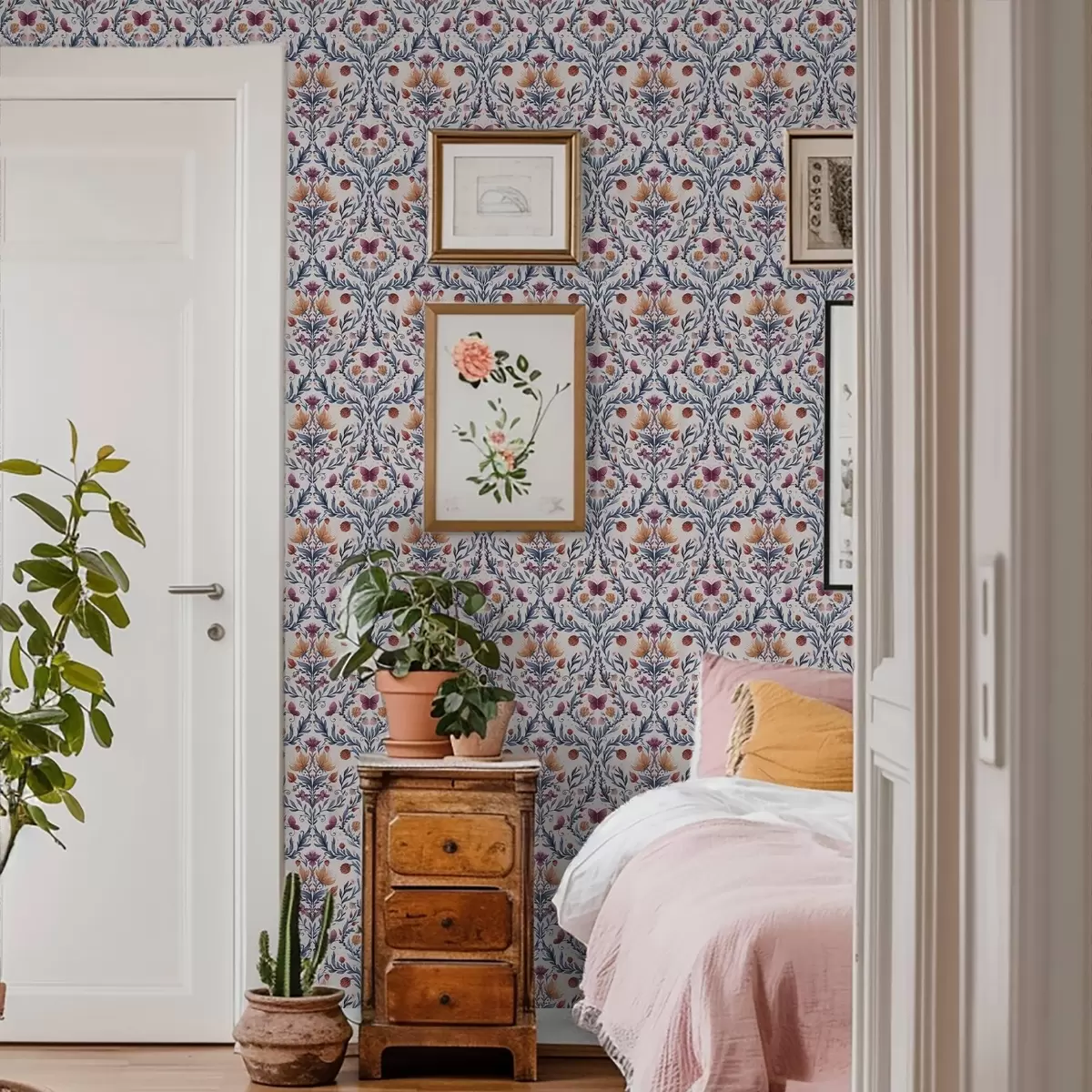 τοιχογραφίες Λουλουδάτο δαμασκηνό με πεταλούδες σε μπλε και τερακότα χρώμα πάνω σε λευκό φόντο a00926v1