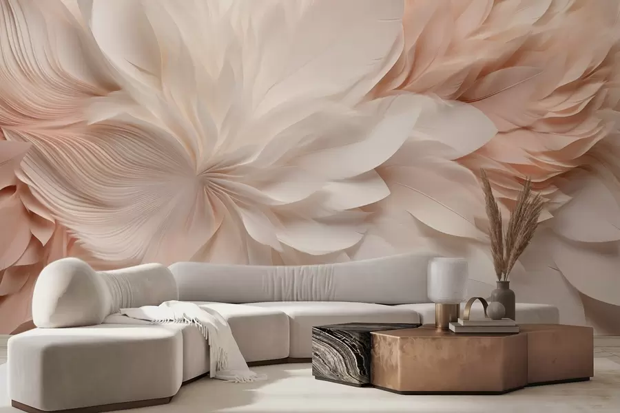 τοιχογραφίες Λεπτά αφηρημένα φτερά σε κίνηση σε αποχρώσεις του μπεζ και του κρεμ w09509