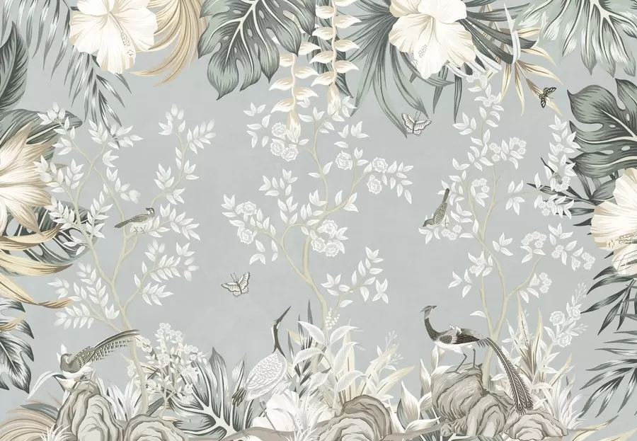 τοιχογραφίες Τροπική παστέλ τέχνη με υφή, με πουλιά, πεταλούδες, λουλούδια ιβίσκου, φύλλα φοίνικα και δέντρα σε γαλάζιο φόντο w09528