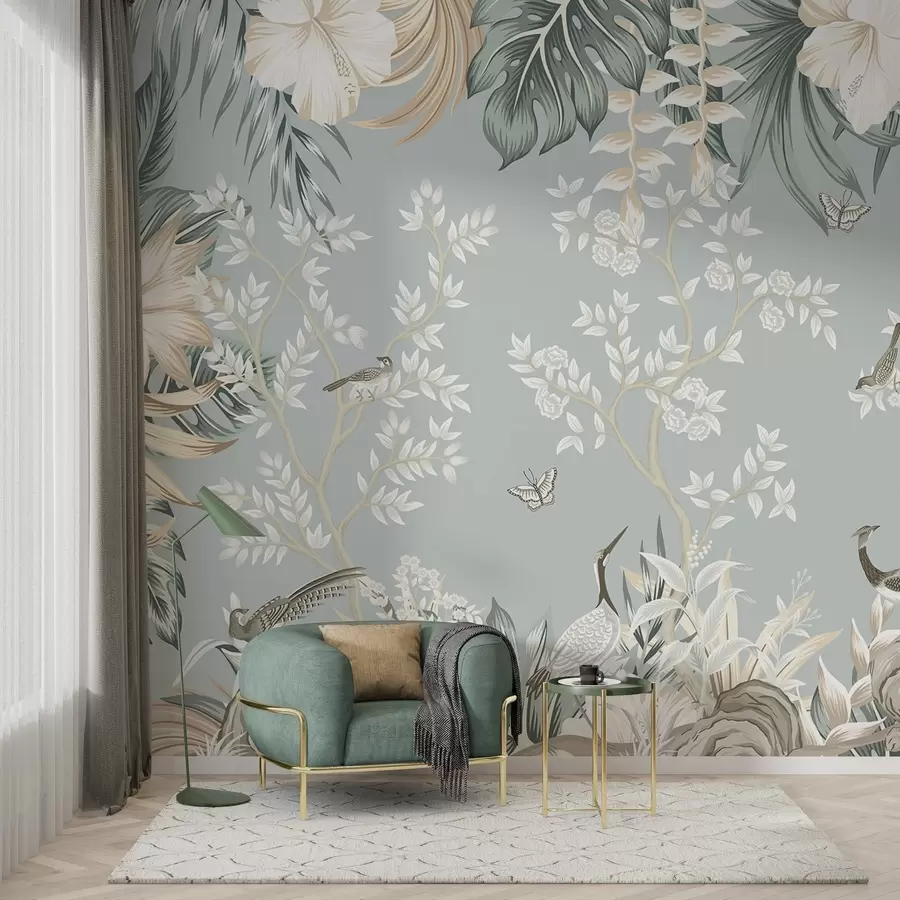 τοιχογραφίες Τροπική παστέλ τέχνη με υφή, με πουλιά, πεταλούδες, λουλούδια ιβίσκου, φύλλα φοίνικα και δέντρα σε γαλάζιο φόντο. w09528