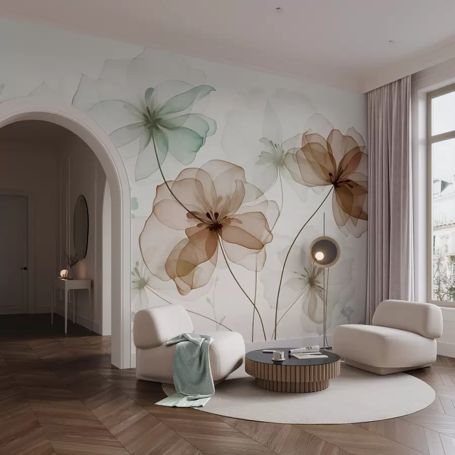 τοιχογραφίες Διαφανή λουλούδια με καφέ και πράσινα πέταλα, μακριά στελέχη, ανοιχτόχρωμο φόντο, απαλά χρώματα, υφή με floral σχέδιο w09529