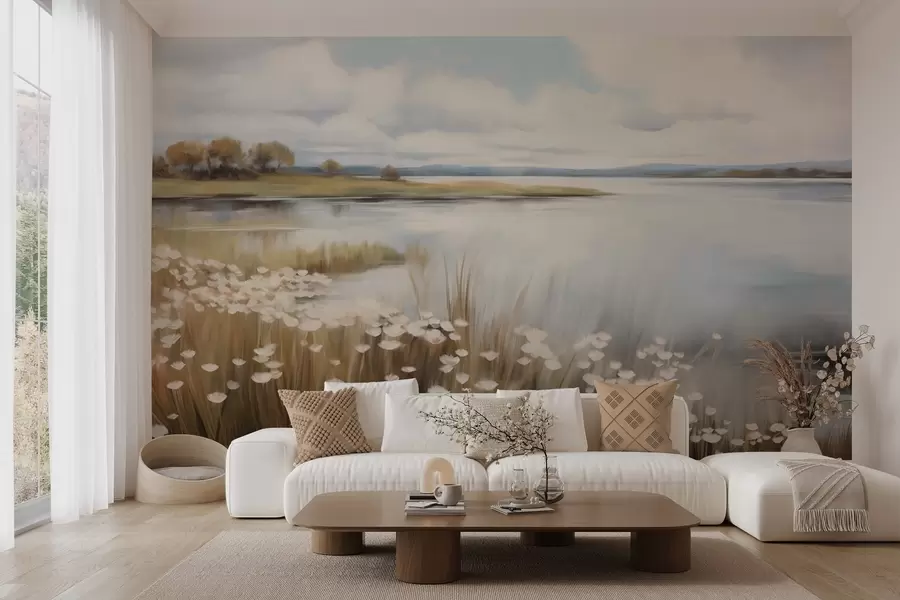 τοιχογραφίες Υφή τοπίου, πεδίο με λευκά λουλούδια και ψηλό χορτάρι, λίμνη στο βάθος, λόφος με χορτάρι και δέντρα, απαλά χρώματα w09530
