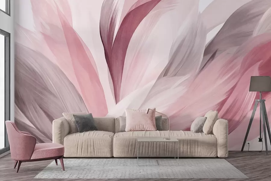 τοιχογραφίες Αφηρημένα φτερά με υφή σε ροζ, λευκό και γκρι χρώμα και διάφορες αποχρώσεις, που επικαλύπτονται σε λευκό φόντο w09531v2