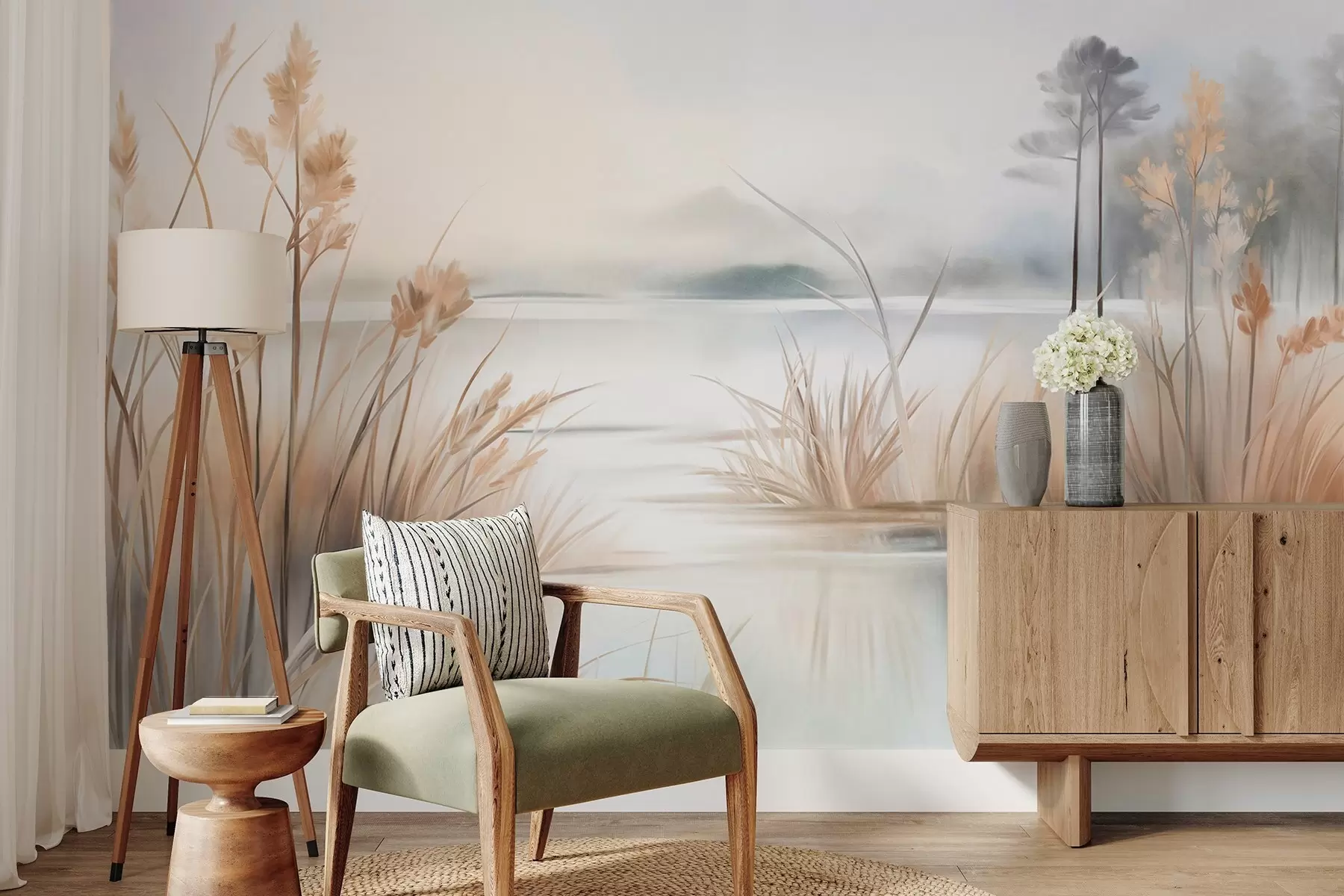 τοιχογραφίες Τοπίο με λίμνη και ψηλό χορτάρι στο προσκήνιο, βουνά στο βάθος, απαλά χρώματα, υφή w09534