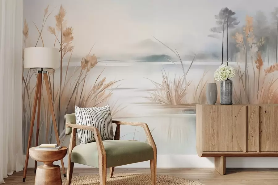 τοιχογραφίες Τοπίο με λίμνη και ψηλό χορτάρι στο προσκήνιο, βουνά στο βάθος, απαλά χρώματα, υφή w09534