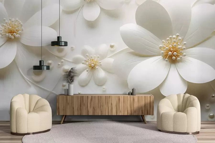 τοιχογραφίες Λευκά λουλούδια με πέρλες διάσπαρτα σε λευκό φόντο, κομψό και μινιμαλιστικό σχέδιο, με υφή w09535