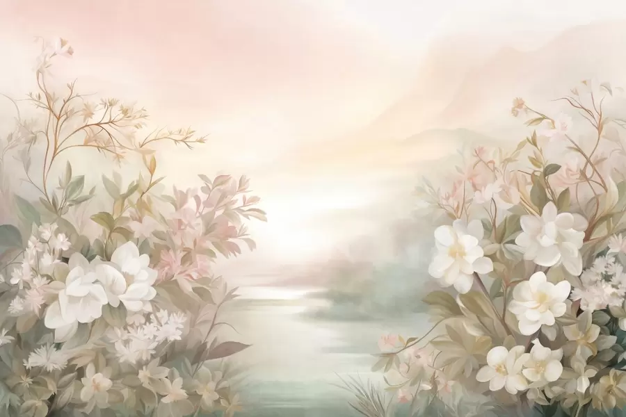 τοιχογραφίες Ένα τοπίο με ένα ποτάμι που περιβάλλεται από λουλούδια και φυτά, απαλά χρώματα, ροζ ουρανό, στυλ με υφή ακουαρέλας w09537