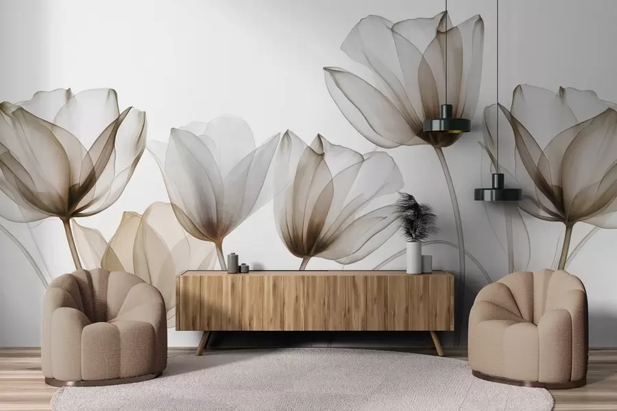 τοιχογραφίες Διαφανή καφέ και λευκά λουλούδια τουλίπας με μακριά στελέχη, σε ανοιχτόχρωμο φόντο, λεπτή και υφή floral art w09538v1