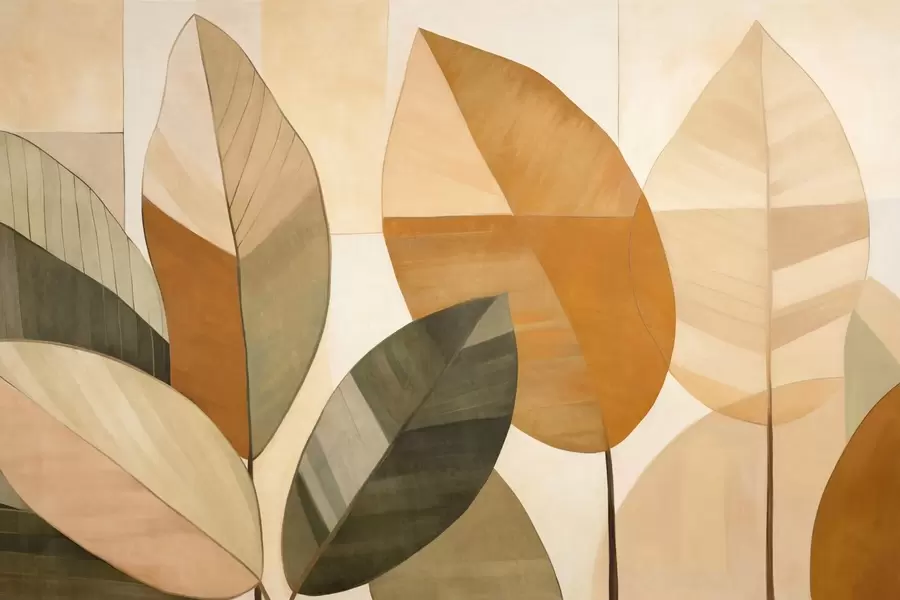 τοιχογραφίες Αφηρημένα μεγάλα φύλλα σε αποχρώσεις του πορτοκαλί, καφέ και πράσινου, με υφή, διατεταγμένα σε ανοιχτόχρωμο φόντο. w09539