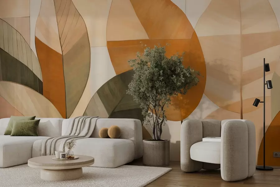 τοιχογραφίες Αφηρημένα μεγάλα φύλλα σε αποχρώσεις του πορτοκαλί, καφέ και πράσινου, με υφή, διατεταγμένα σε ανοιχτόχρωμο φόντο w09539