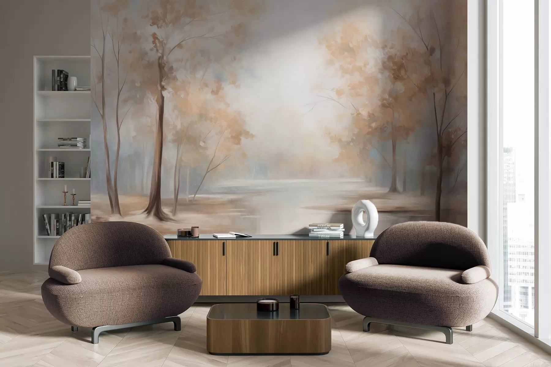 τοιχογραφίες Φθινοπωρινό τοπίο με δέντρα και ποτάμι, απαλά χρώματα, ελαφριά και αέρινη ατμόσφαιρα, γαλήνια και ήρεμη σκηνή w09541