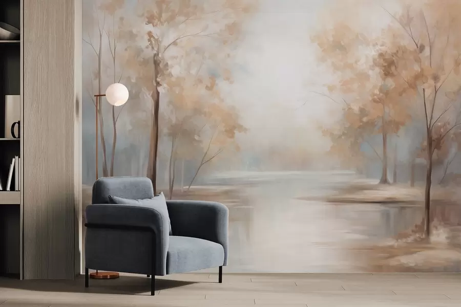 τοιχογραφίες Φθινοπωρινό τοπίο με δέντρα και ποτάμι, απαλά χρώματα, ελαφριά και αέρινη ατμόσφαιρα, γαλήνια και ήρεμη σκηνή w09541