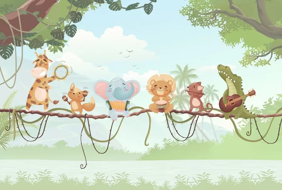 τοιχογραφίες Ζώα με μουσικά όργανα σε τροπικό τοπίο w04505