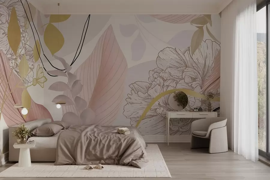 τοιχογραφίες Αφηρημένο floral μοτίβο με μεγάλα φύλλα σε αποχρώσεις του απαλού ροζ, κίτρινου με λεπτές μαύρες γραμμές και λευκά floral περιγράμματα. w09544v1