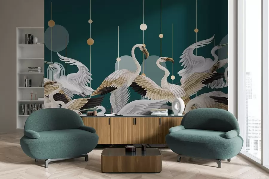 τοιχογραφίες Ένα κοπάδι λευκών φλαμίνγκο με λεπτεπίλεπτα φτερά, σε σκούρο γαλαζοπράσινο φόντο με κίτρινες γραμμές και κύκλους w09546