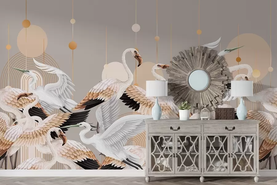 τοιχογραφίες Ένα κοπάδι λευκών φλαμίνγκο με λεπτεπίλεπτα φτερά, σε ουδέτερο φόντο με κίτρινες γραμμές και κύκλους w09546v1