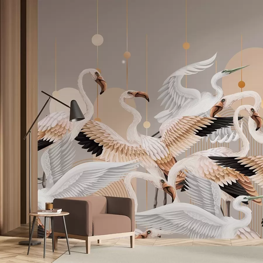 τοιχογραφίες Ένα κοπάδι λευκών φλαμίνγκο με λεπτεπίλεπτα φτερά, σε ουδέτερο φόντο με κίτρινες γραμμές και κύκλους w09546v1