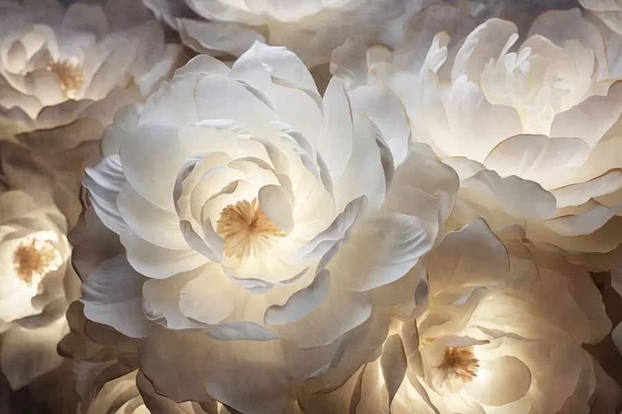 τοιχογραφίες Μεγάλα, λευκά λουλούδια παιωνίας με κίτρινο κέντρο, απαλό φωτισμό και λεπτεπίλεπτα, υφασμάτινα πέταλα w09550