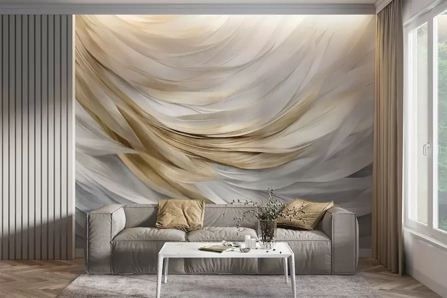 τοιχογραφίες Αφηρημένα λευκά, γκρι και κίτρινα φτερά με υφή, που δημιουργούν ένα ρέον, πολυεπίπεδο μοτίβο σε ανοιχτόχρωμο φόντο w09557