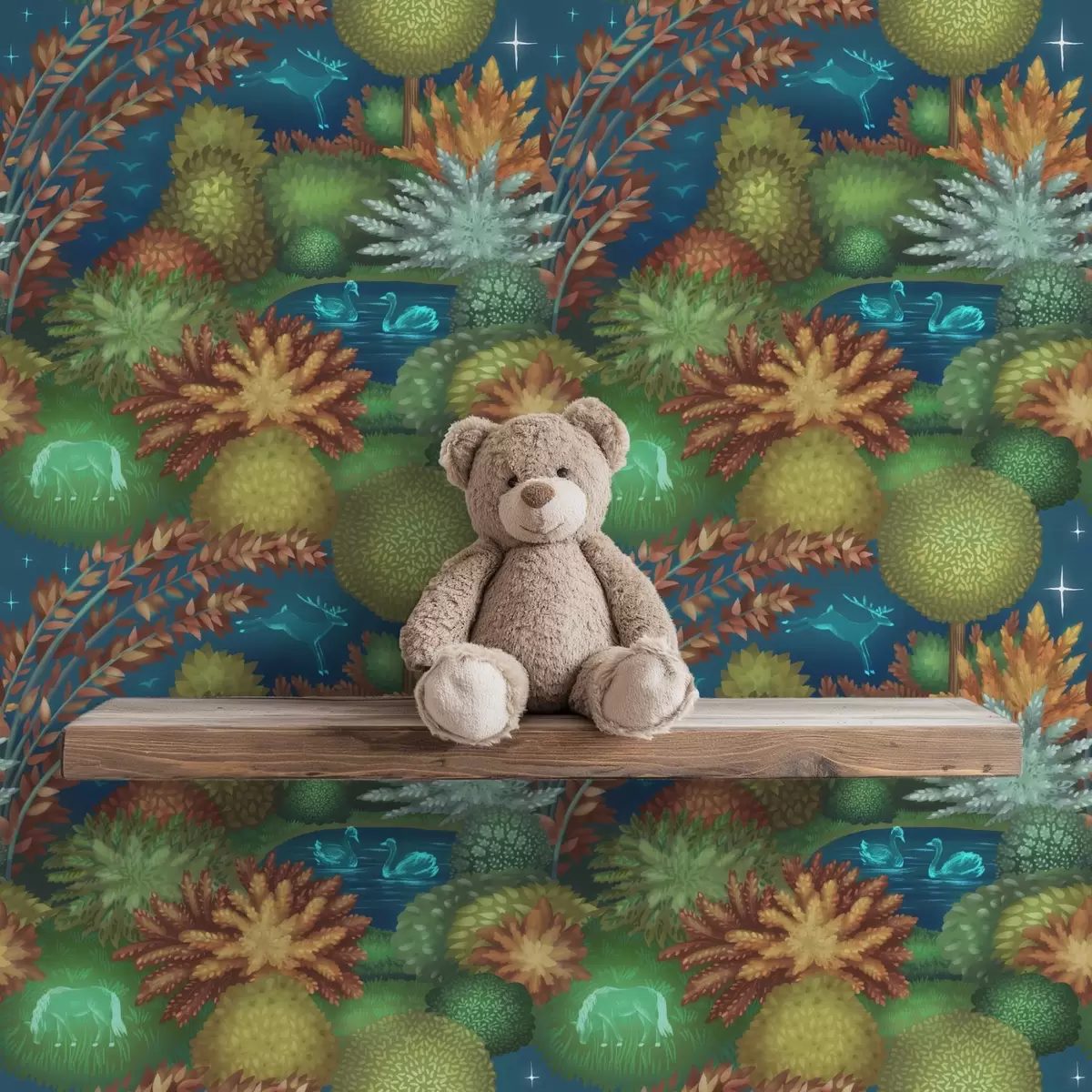 Ταπετσαρία Παραμυθένιος νυχτερινός κήπος με λίμνη και λαμπερά ζώα a00851