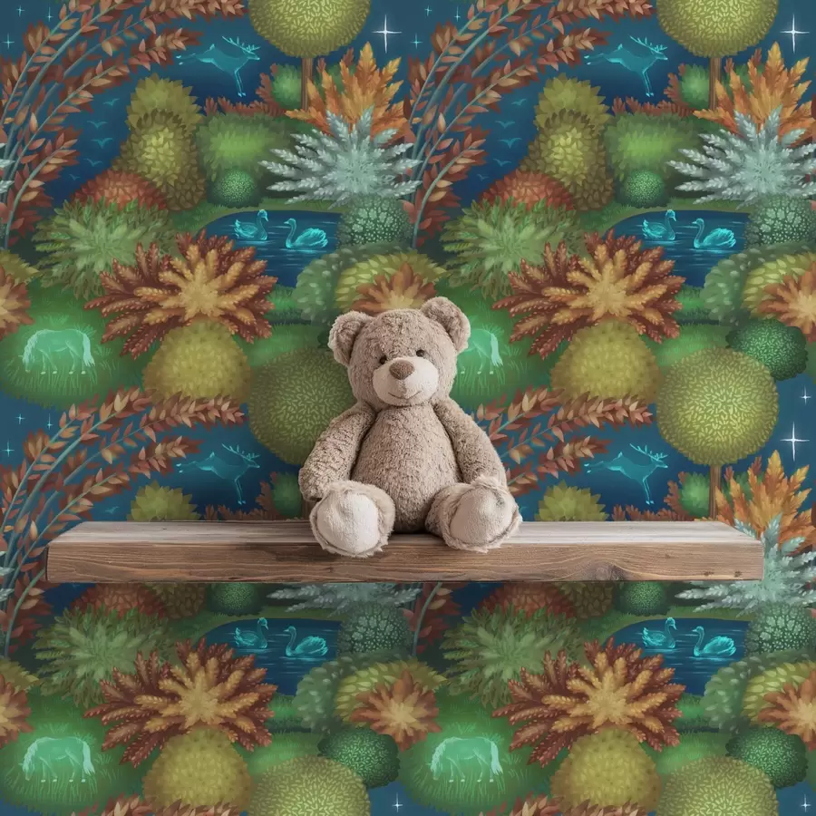 τοιχογραφίες Παραμυθένιος νυχτερινός κήπος με λίμνη και λαμπερά ζώα a00851