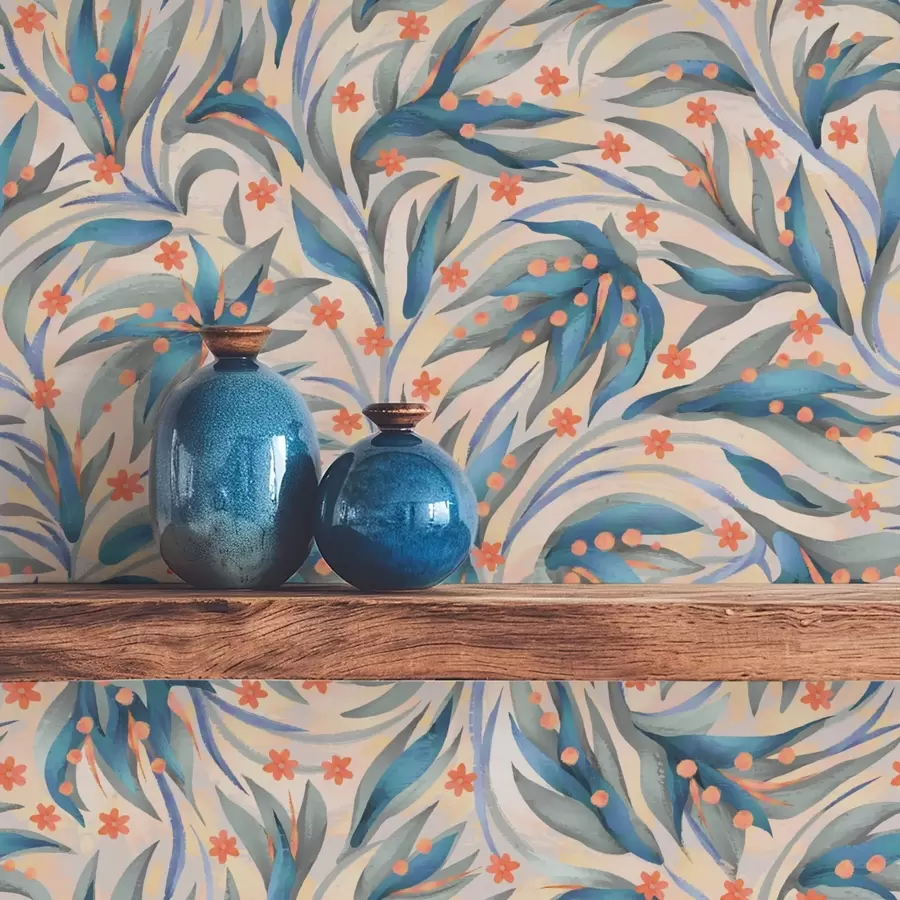 τοιχογραφίες Αφηρημένο μπλε φύλλωμα με κοραλλένια λουλούδια a00852