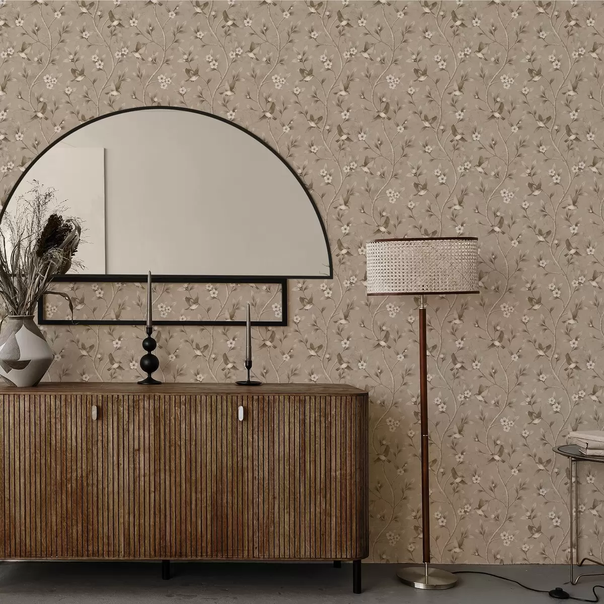 Ταπετσαρία Πουλιά και ανθισμένα κλαδιά σε ζεστούς σέπια τόνους a00882