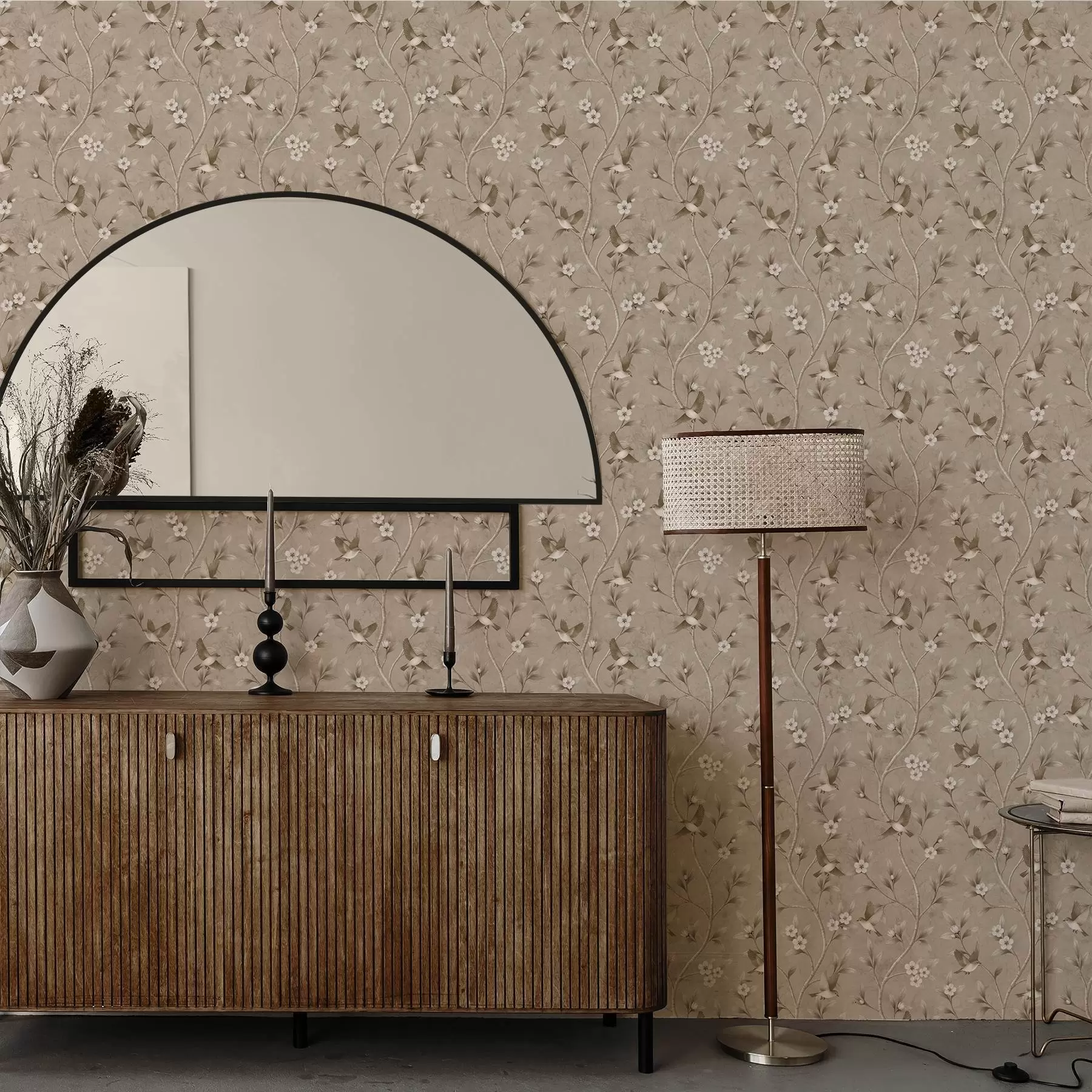 τοιχογραφίες Πουλιά και ανθισμένα κλαδιά σε ζεστούς σέπια τόνους a00882